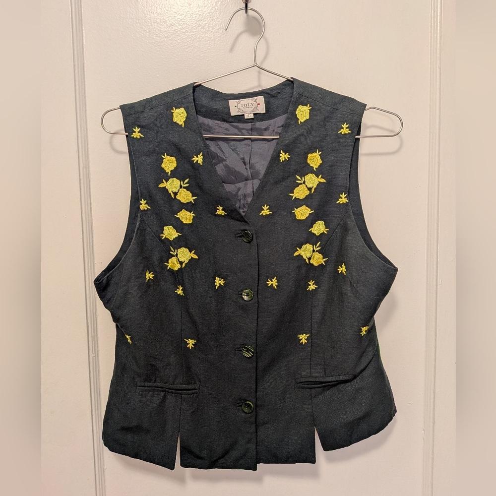 Embroidered Linen Emerald Vest with Lime/Yellow Accents 🍋‍🟩